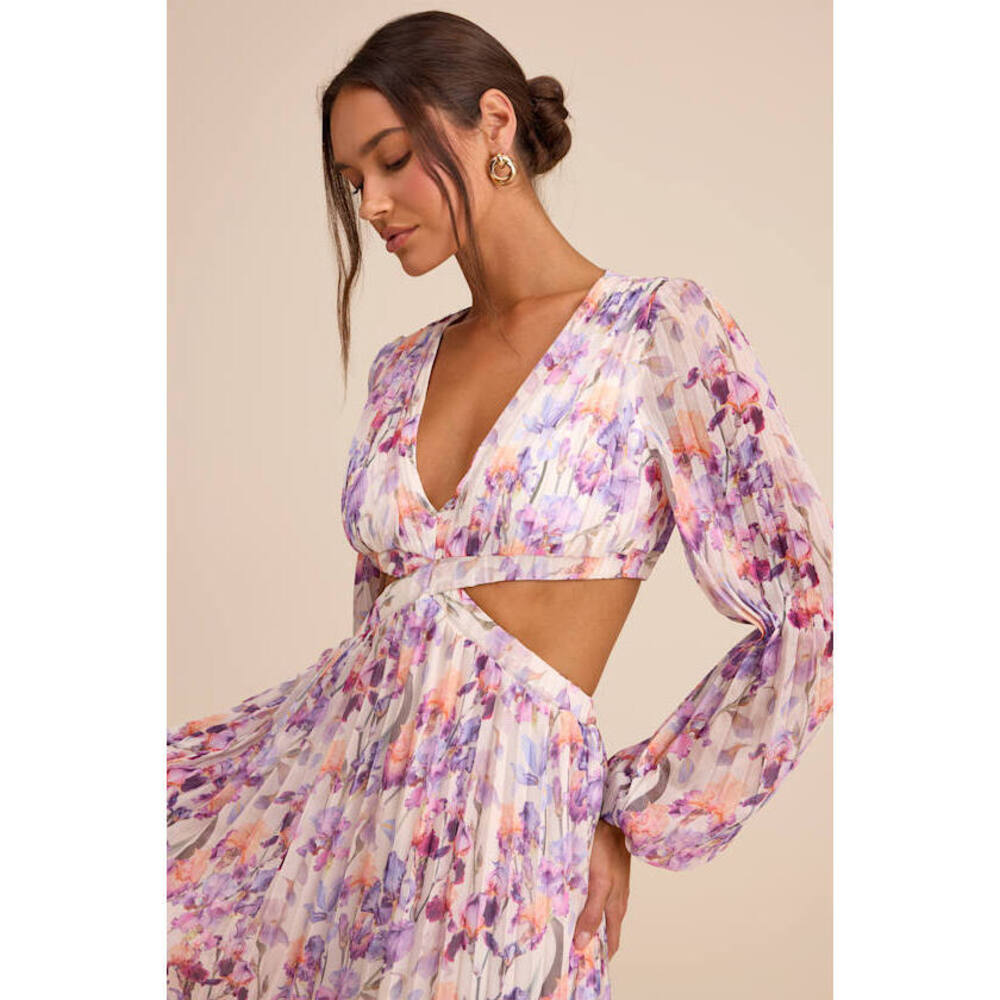Lulus Melea Ivory And Purple Floral Pleated Cutout Maxi Dress White - Size S